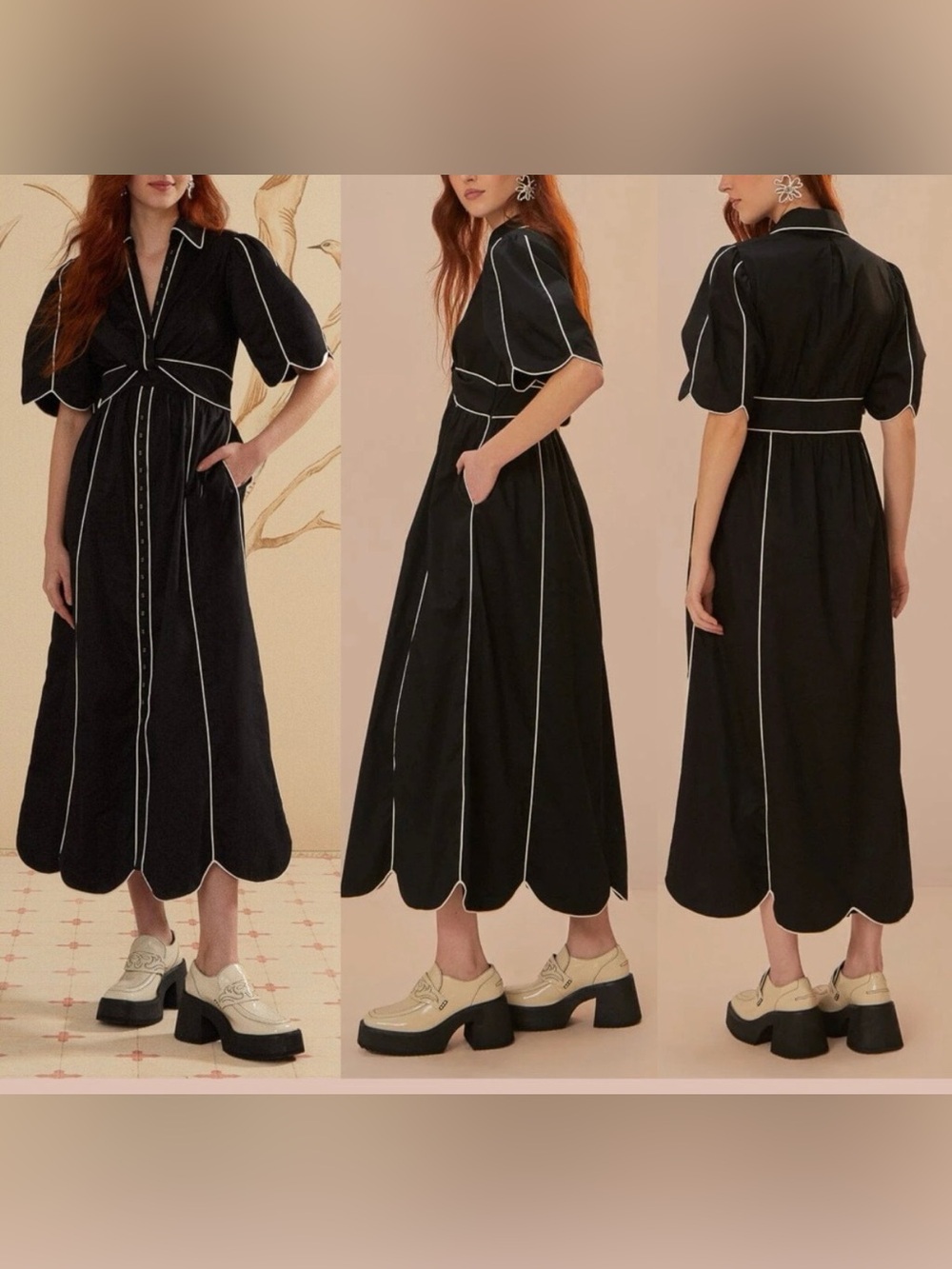 Farm Rio Twisted Cotton Midi Dress with white piping and scalloped hem line. M. - Picture 3 of 11